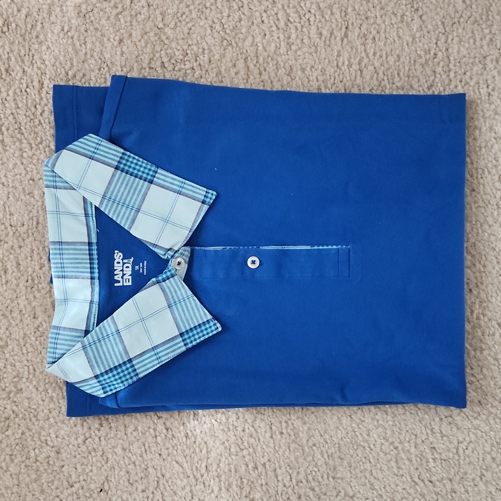 NWT Lands End Blue short-sleeved pool shirt with plaid color, Size 1X